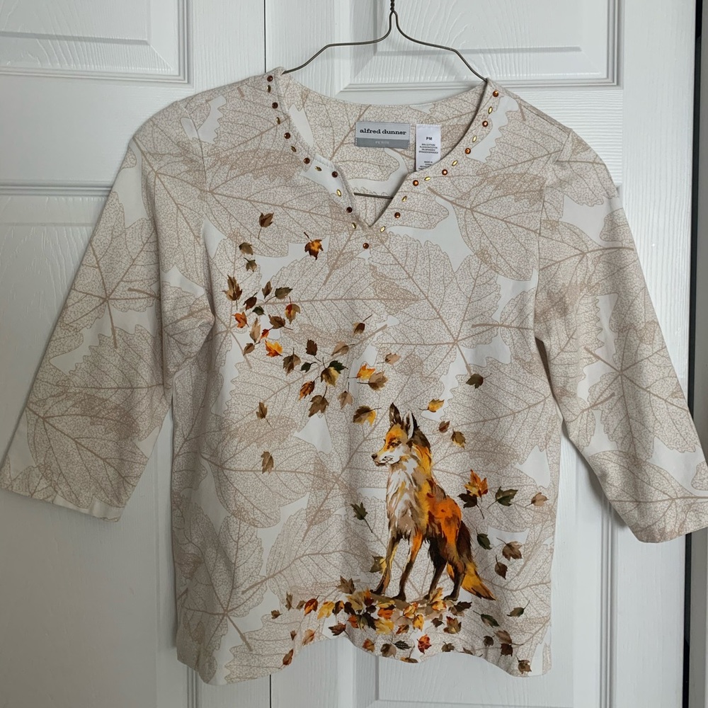 Alfred Dunner 🦊 FOX fall leaves beige top t shirt